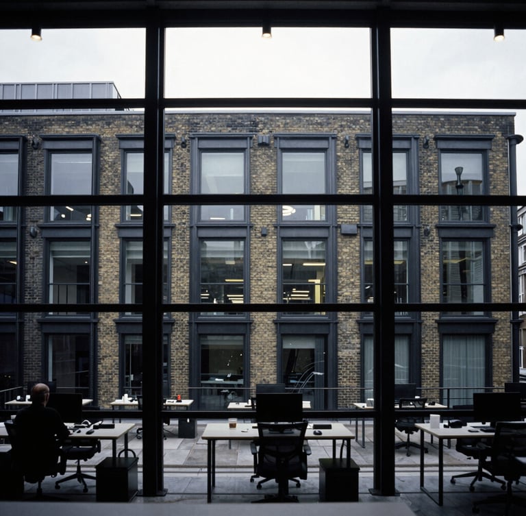 Gritty high-contrast editorial photo of a modern East London brick-and-steel office, overcast daylight through large industrial windows, unposed workspace, 35mm film.