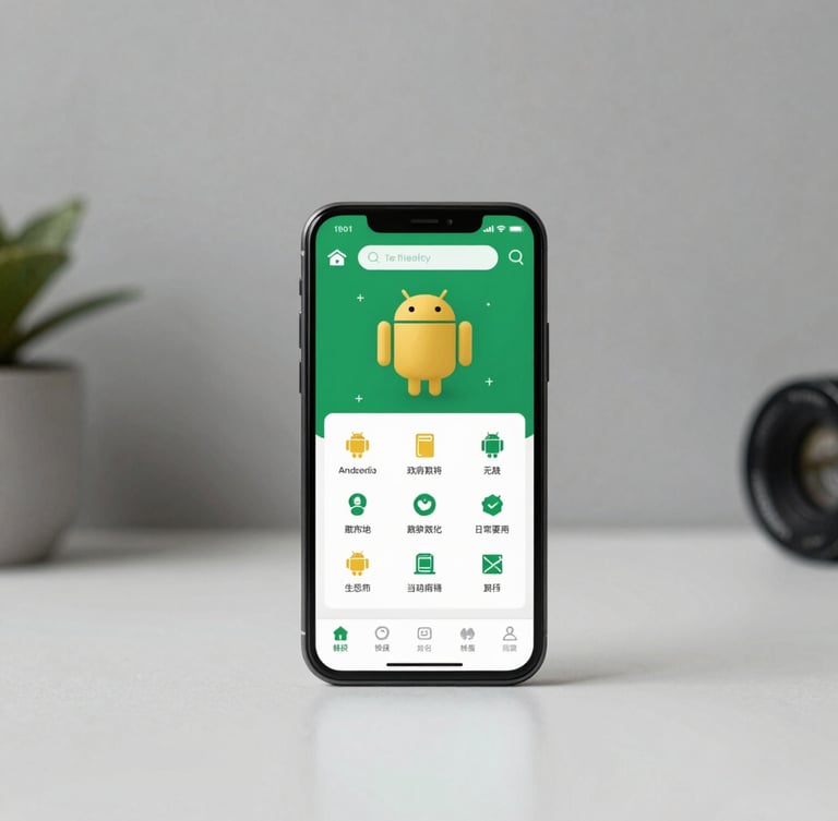 High-fidelity Android phone mockup displaying the green and gold interface of the official government data app, framed symmetrically on a clean minimalist desk, sharp studio lighting