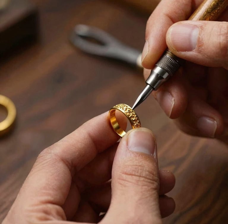 Close-up of a master craftsman hand-engraving intricate filigree on a gold ring, traditional tools, warm side lighting, shallow depth of field