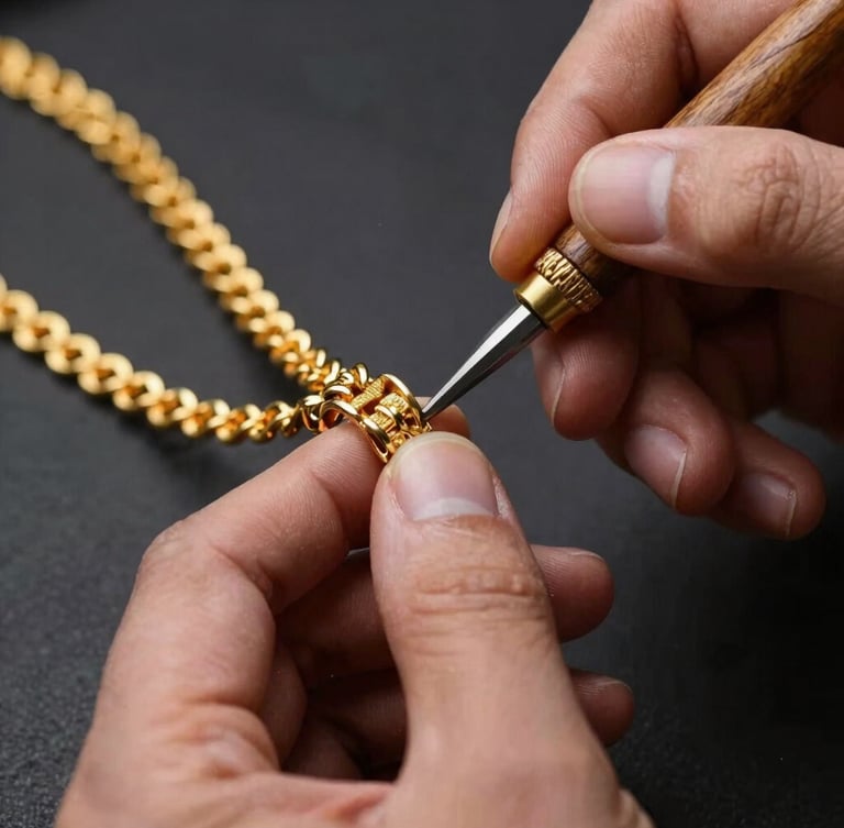 Close-up of a master craftsman hands using traditional hand tools to finish an intricate gold necklace, warm gold reflections, macro lens, shallow depth of field
