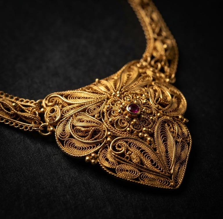 Macro close-up of a solid 22-karat gold necklace showing intricate filigree craftsmanship, dramatic studio lighting with deep shadows and warm gold reflections on a dark background