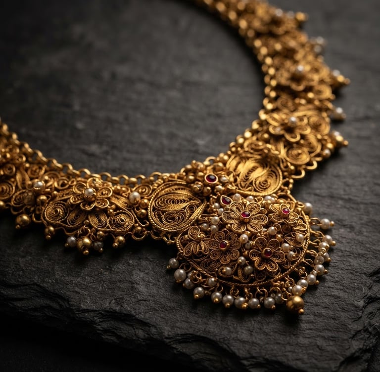 Macro close-up of a heavy 22-karat gold necklace with intricate traditional filigree, resting on a dark slate surface under dramatic studio lighting with warm gold reflections.