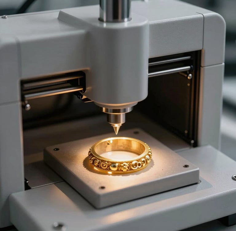 High-tech German 3D wax printer creating highly detailed jewellery molds in a clean modern facility, sharp focus, dramatic studio lighting