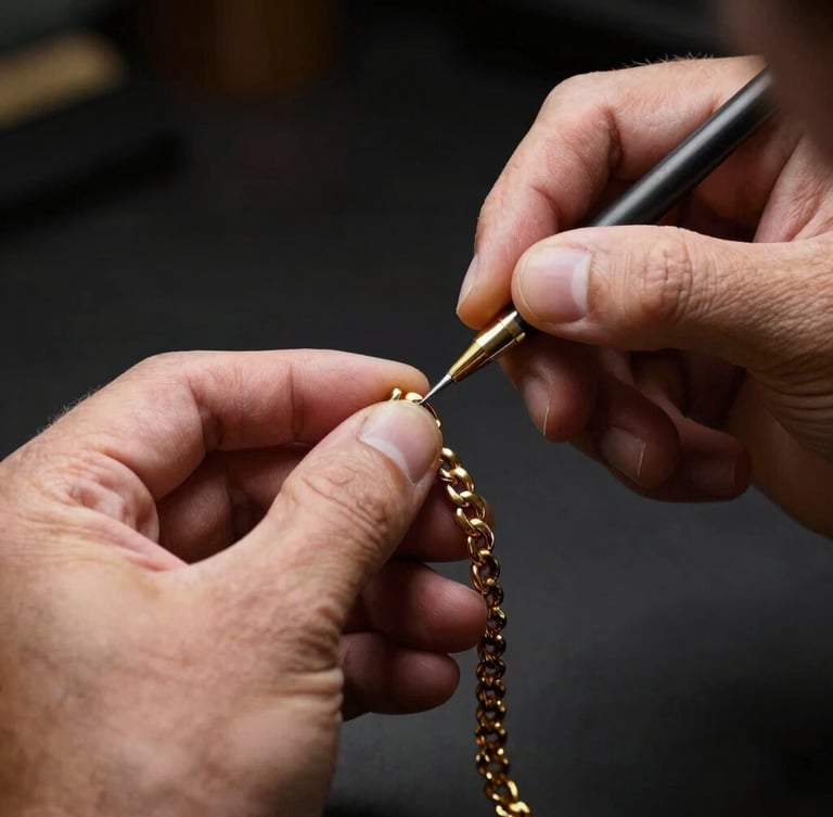 A master craftsman hand-polishing a heavy gold necklace, warm gold reflections, dark studio background, shallow depth of field, portrait orientation