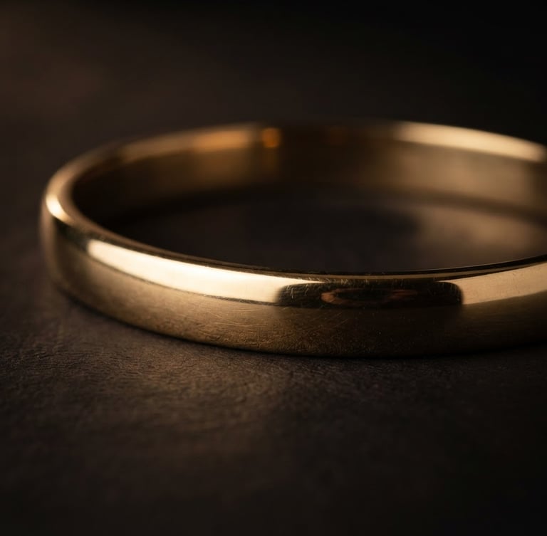 Macro studio photograph of a solid 22-karat gold bangle, deep shadows, soft gold reflections, shallow depth of field, premium luxury aesthetic
