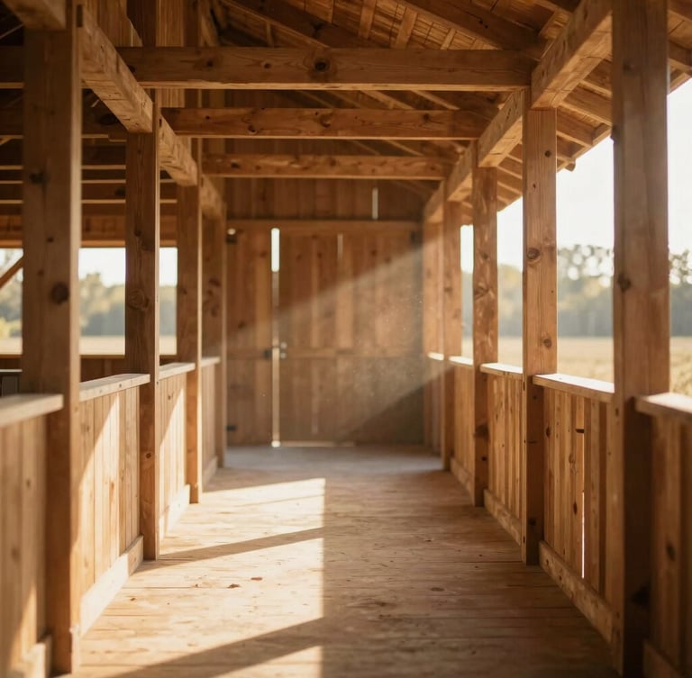Warm golden-hour sunlight filtering through a clean, modern timber barn aisle, soft dust motes in the air, rich natural earth tones, shallow depth of field, 35mm