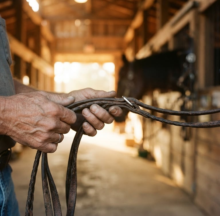 Close-up of leather reins held by weathered hands in a sun-drenched wooden barn aisle, warm morning light, shallow depth of field, 35mm