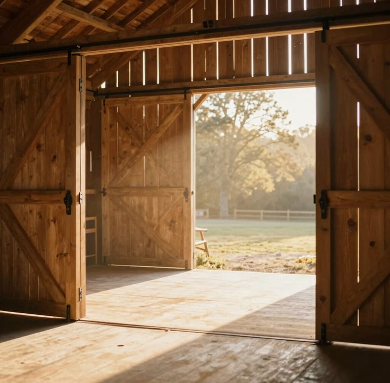 A beautiful warm-toned photo of a clean, modern timber barn aisle with golden morning light filtering through the open doors, dust motes in the air, 35mm
