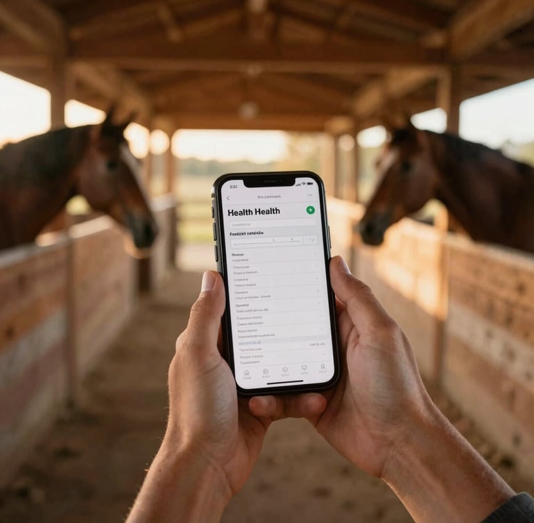 Close-up of hands holding a mobile device showing horse health records inside a warmly lit wooden barn aisle, soft golden-hour sunlight filtering through the background, 35mm photography