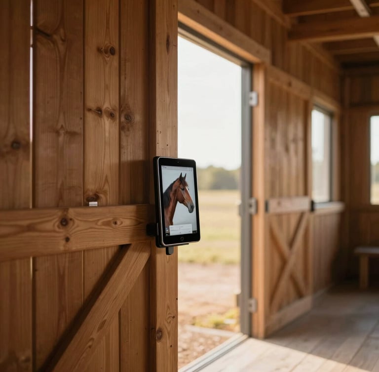 A clean modern barn corridor with soft morning light filtering through the doors, a tablet mounted on a wooden stall post displaying horse profile details
