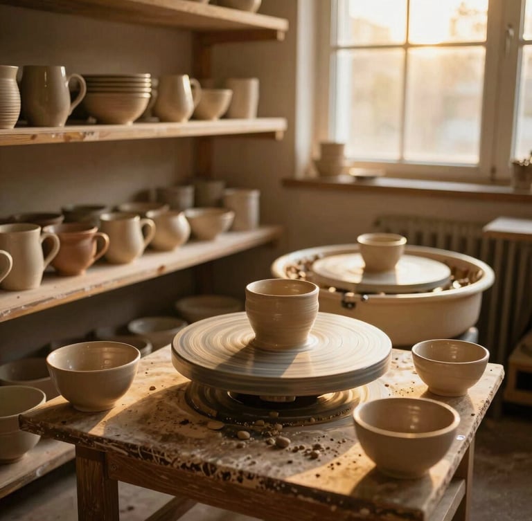 Cozy pottery workshop bathed in warm golden hour light, shelves filled with drying ceramic mugs and bowls, a wooden potter's wheel in the background, rustic textures