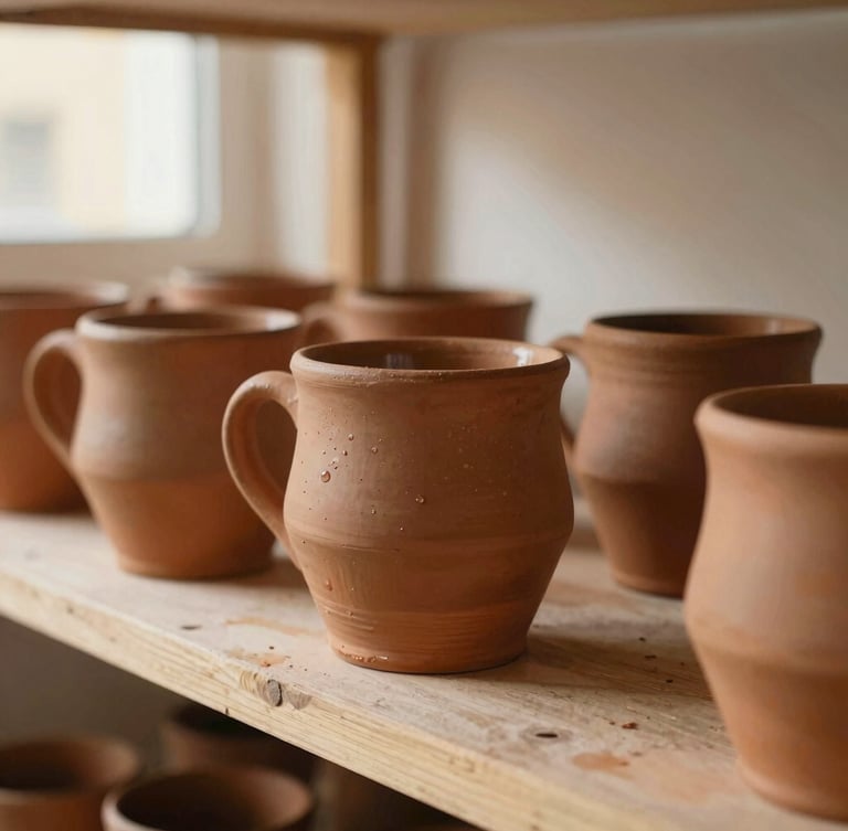 Close-up portrait shot of raw, damp terracotta mugs drying on rustic wooden shelves in a sunlit Madrid workshop, soft warm light, shallow depth of field