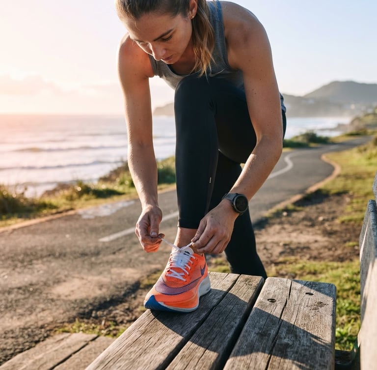 Person focused on lacing running shoes at dawn, crisp shadows, bright natural morning light, clean modern composition, 35mm lens.