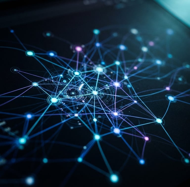 Close-up macro shot of clean dark UI showing algorithmic attribution graphs and data nodes, high contrast, low-key studio lighting with subtle cool-toned rim lights, 35mm