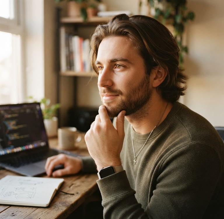 Close-up portrait of a young male web designer looking thoughtfully off-camera, warm natural window light, soft shadow, professional yet approachable, 35mm film texture