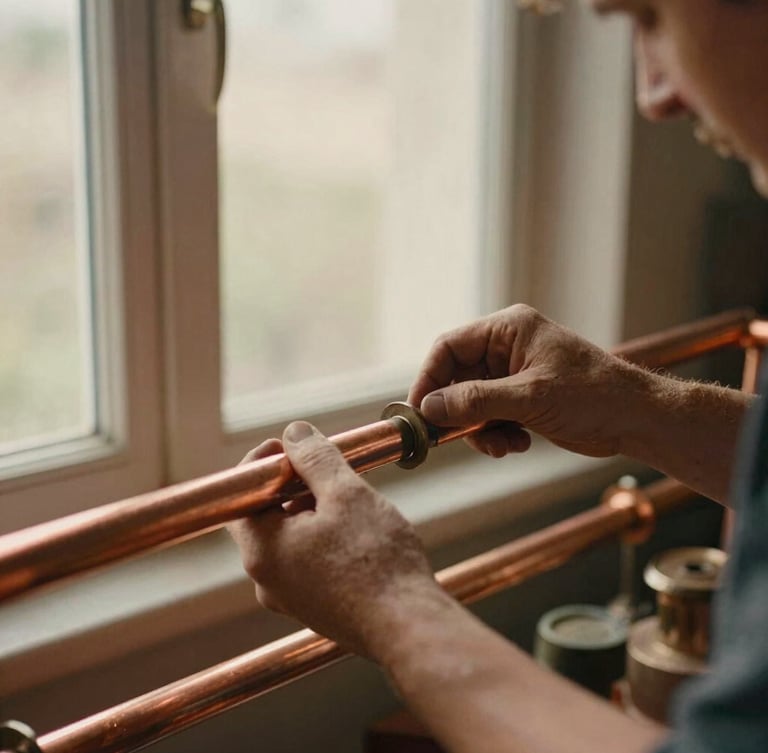 Close-up of a professional artisan working with copper pipes, warm natural window light, editorial 35mm film style