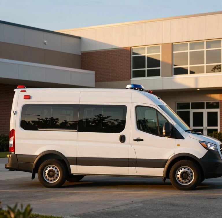 Side view of a clean, modern non-emergency medical transport vehicle parked in front of a modern healthcare facility in Eastern North Carolina, soft golden hour sunlight.