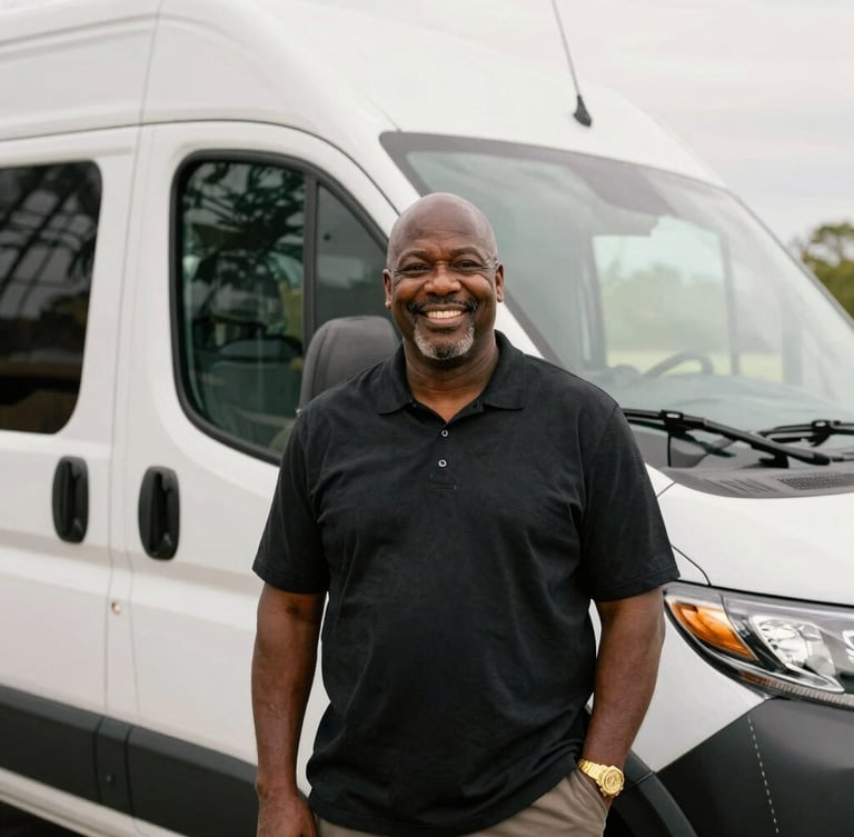 Portrait of founder Kymond Outlaw standing warmly beside a clean, modern transport vehicle in Eastern North Carolina, soft natural daylight, professional and comforting tone, 35mm