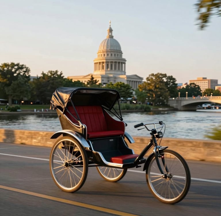 Dynamic tracking shot of a clean custom pedicab in motion along the Susquehanna River at golden hour, State Capitol dome visible in the background, warm editorial photography, 35mm lens