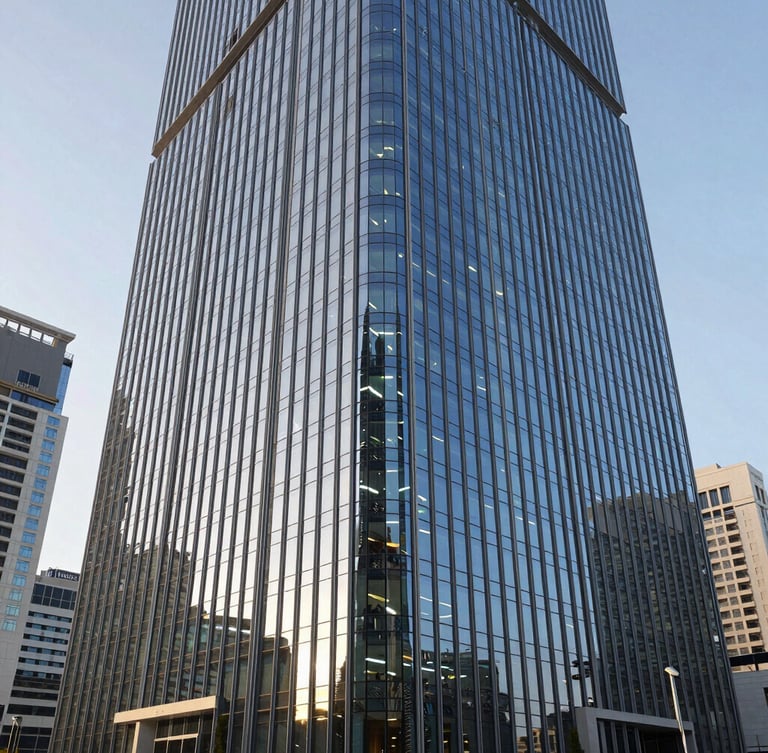 Architectural wide shot of a high-end corporate office in Dubai Internet City, cool-toned sharp office daylight mixed with subtle blue ambient screen glow, clean glass walls.
