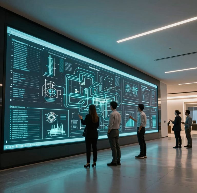 Architectural wide shot of a modern Dubai office interior, developers analyzing complex system architecture on large screens with subtle cyan ambient glow.