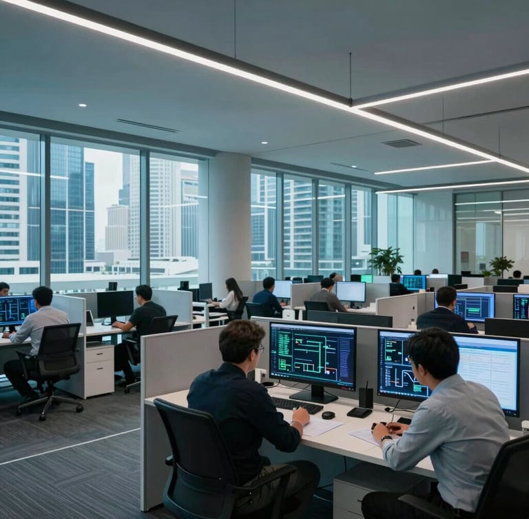 A sharp architectural view of Dubai Internet City office interiors, clean glass partitions, developers analyzing system architectures on glowing screens, cool cyan lighting.