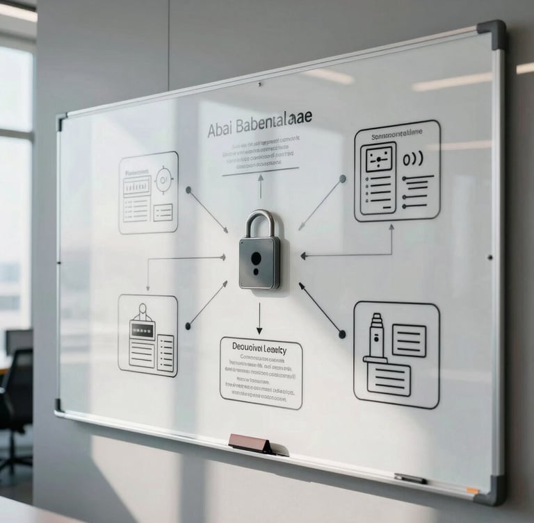 Architectural view of modern office whiteboard in Abu Dhabi with complex security compliance diagrams, cool daylight, sharp reflections.