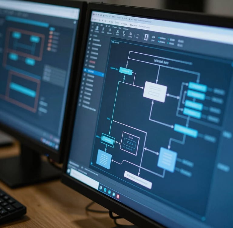 A sharp, close-up shot of developer screens displaying complex backend system architecture diagrams in cool blue tones.