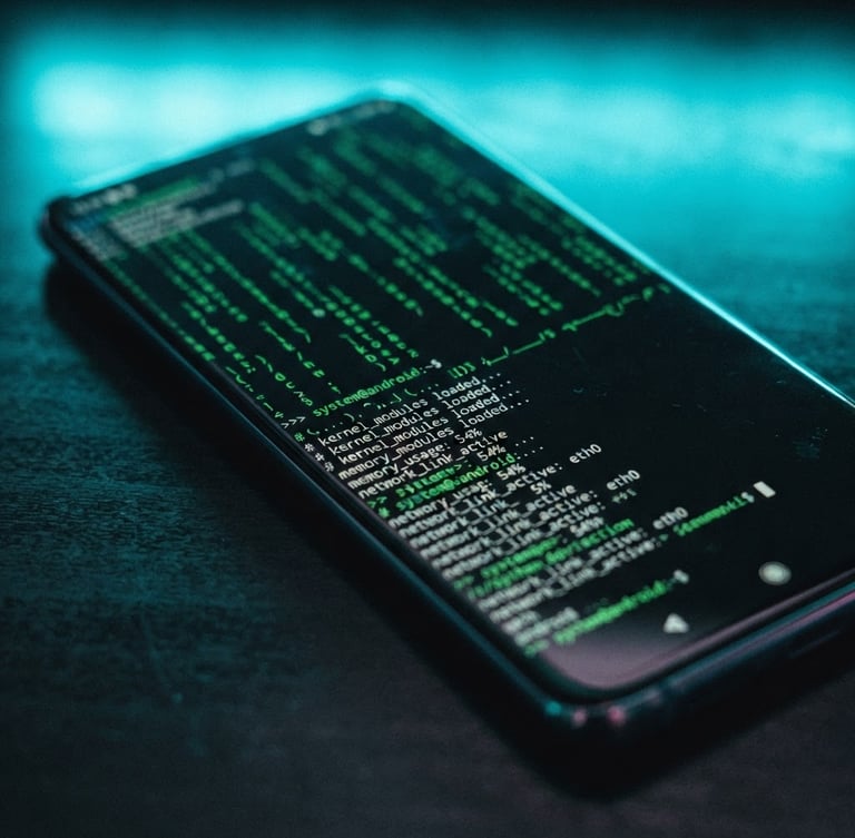 Angled mockup of an Android flagship displaying a high-contrast terminal interface with electric green text, dark glass surface, moody neon cyan backlighting, macro lens focus.