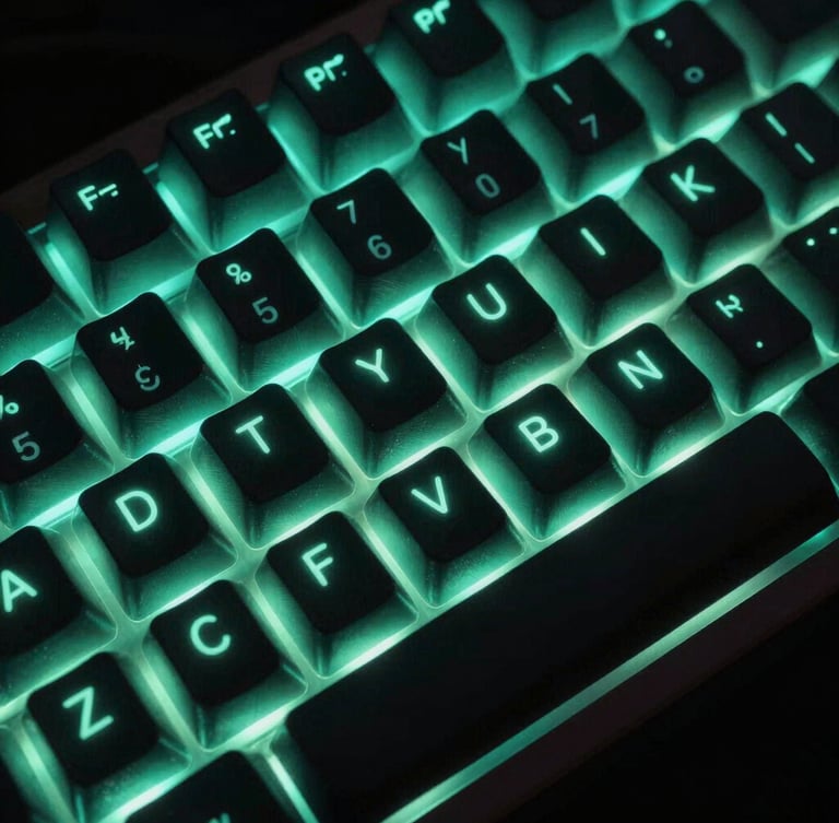 Macro photography of a physical mechanical keyboard with custom keycaps illuminated by neon cyan backlighting, sharp focus, technical aesthetic