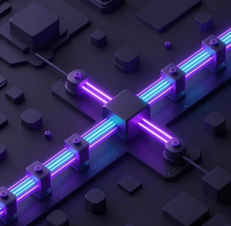 Isometric 3D schematic of a glowing neon data pipeline, electric violet and teal active streams flowing through architectural nodes, dark mode tech aesthetic, macro detail
