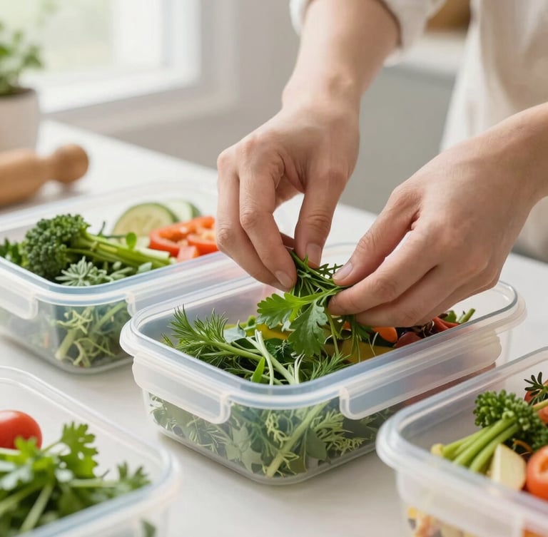 Close-up of hands placing fresh green herbs onto a perfectly organized meal prep container, soft natural window light, clean kitchen background, professional editorial food photography