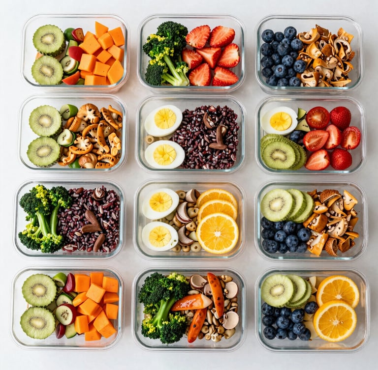 Overhead flat-lay of glass meal prep containers filled with colorful healthy food, arranged in perfect rows on a clean surface, bright natural daylight, appetizing editorial food photography