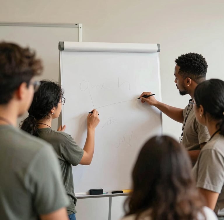 Medium shot of a diverse group of community members actively participating in a workshop, working together on a large flipchart, natural diffused daylight, muted earth tones, documentary style, 35mm lens, shallow depth of field.