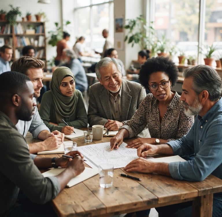 Wide shot of a diverse group of local leaders engaged in a collaborative roundtable discussion, focused on a shared document, natural diffused daylight, warm editorial photography, muted earth tones, documentary style, shallow depth of field, off-center to the right