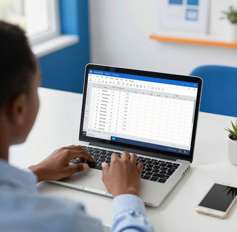 Over-the-shoulder view of an adult student in Korhogo learning Excel on a laptop, bright natural indoor lighting, clean workspace, corporate blue accents