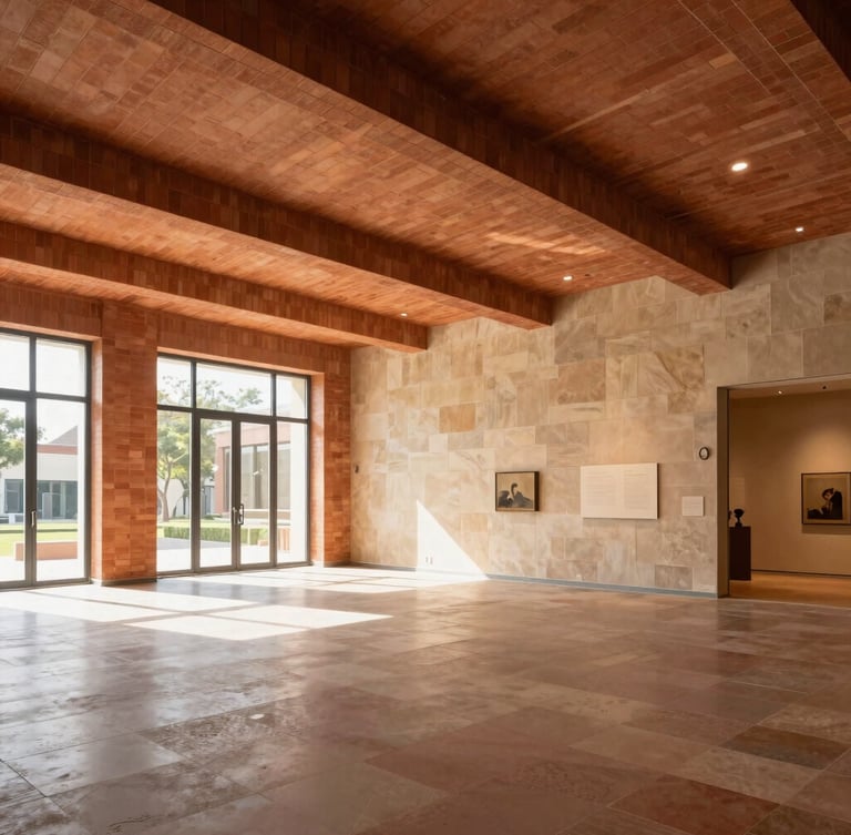Bright interior of a modern exhibition hall with high ceilings, warm terracotta brick accents, natural sunlight streaming through large windows, clean and spacious layout