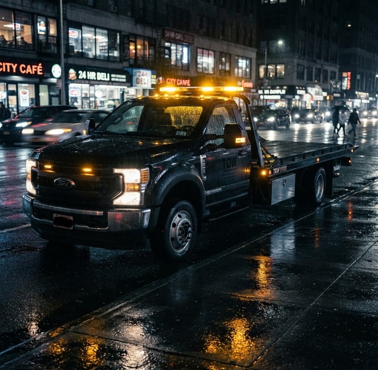 Dramatic low-angle shot of a modern black flatbed towing truck with glowing yellow hazard lights, parked on a wet urban street at night, cinematic lighting with wet pavement reflections, 35mm lens