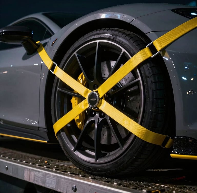 Close-up of high-strength yellow tie-down straps secured tightly on a premium sports car wheel on a flatbed trailer, dramatic night lighting with soft yellow highlights, 35mm lens