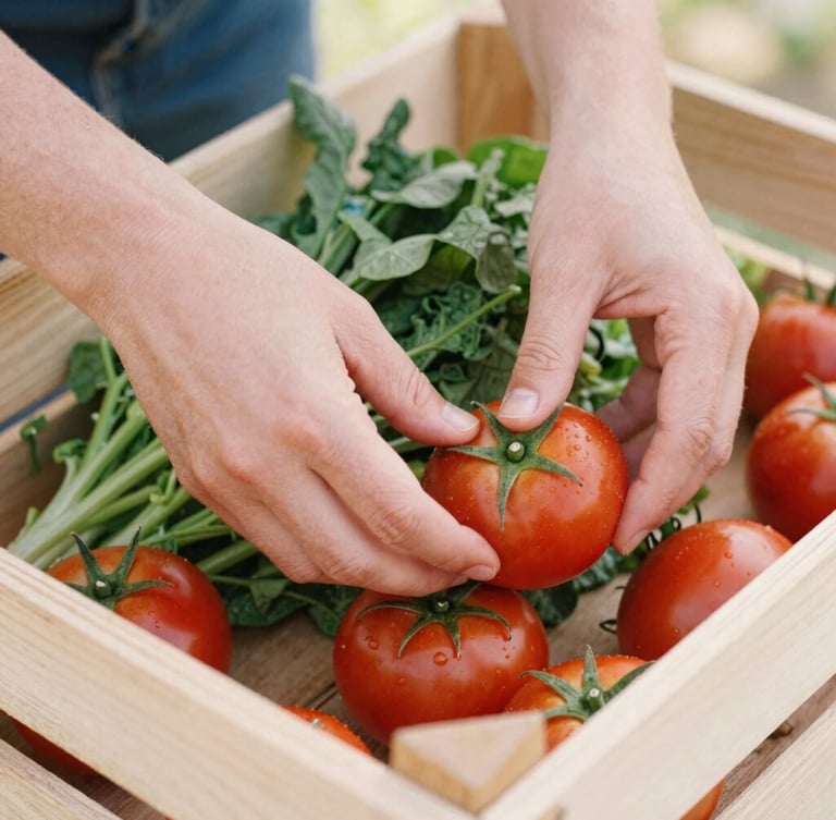 A close-up of hands carefully arranging vibrant red tomatoes and leafy greens inside a clean wooden crate, warm natural daylight, soft focus.