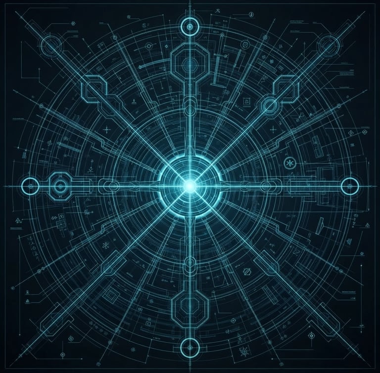 High-contrast architectural schematic of a multiversal nexus, cold terminal glow, sharp cyan accents against deep shadows, wide imposing structural blueprint, no human faces.