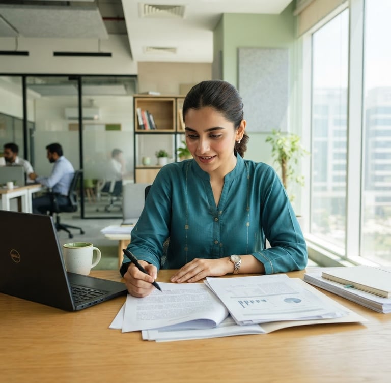 Young professional reviewing documents in a modern, brightly lit Pakistani office, clean architectural lines, soft green accents, eye-level medium shot.