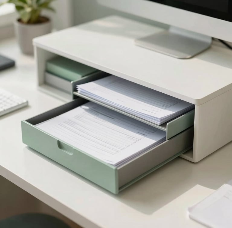 Modern Pakistani professional organizing documents on a clean desk, bright natural daylight, soft green accents, sharp focus, 35mm