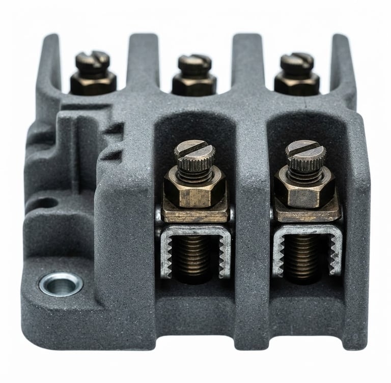 Crisp macro product photography of a heavy-duty porcelain terminal block, technical studio lighting, high contrast, clean white background