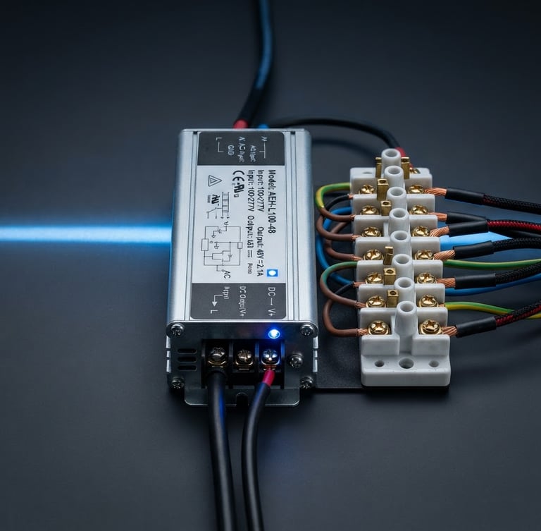 Straight-on studio product shot of a high-efficiency LED driver and porcelain terminal blocks, clean charcoal background, sharp blue accent lighting