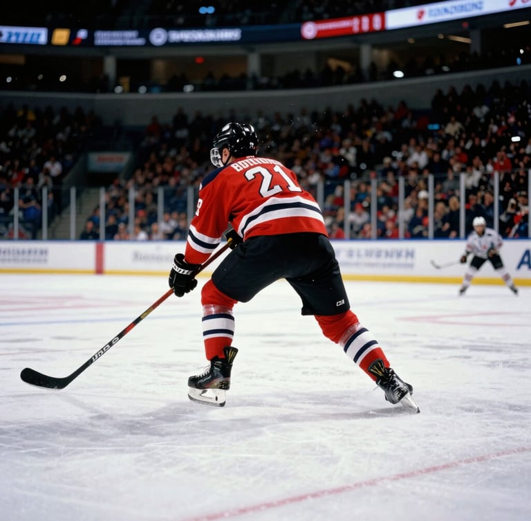 Action-packed ice hockey game close-up, sharp focus on a player skating at high speed, ice spraying, dramatic stadium lighting, authentic colors, 35mm photography