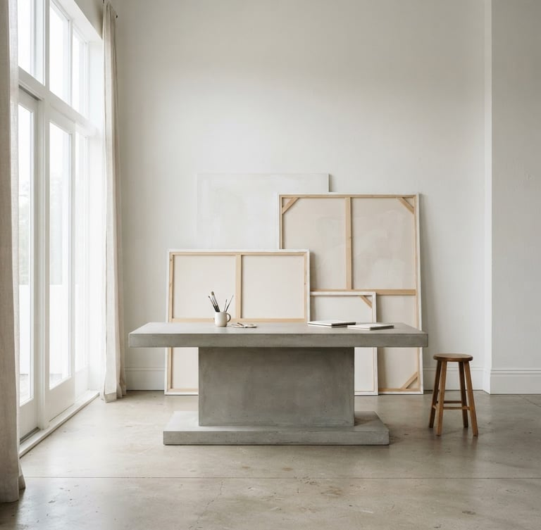 Straight-on architectural view of a minimalist, sun-drenched artist studio with white walls, a single concrete table, and large canvas frames resting against the wall, neutral diffused gallery lighting.