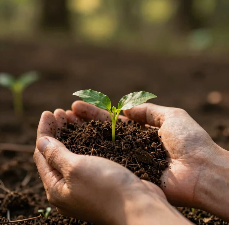 An intimate, warm-toned close-up of rich Georgia soil being held in hands, with delicate green native sprouts emerging, soft dappled sunlight highlighting the texture.