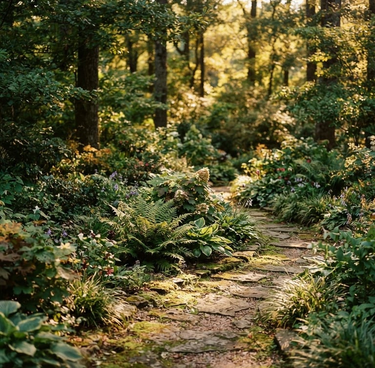 Warm editorial photography of a lush, multi-layered native garden in Lilburn, Georgia, with stone pathways dappled in warm golden-hour sunlight, shallow depth of field, 35mm