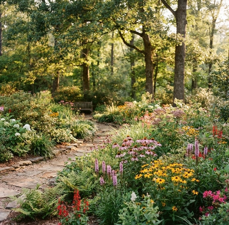 A wide-angle editorial shot of a lush, multi-layered native garden in Georgia, featuring vibrant wildflowers, textured shrubs, and soft golden-hour sunlight filtering through a mature canopy.